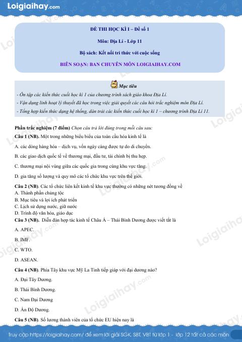 Đề thi học kì 1 Địa lí 11 KNTT - Đề số 1